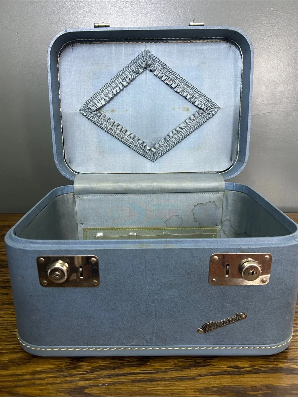 Vintage Blue Train Case Toiletry Case with Top Handle